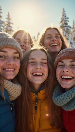 Young friends gather in a winter wonderland, sharing joyful moments and laughter under the bright sun. They sport cozy winter attire, highlighting their fun adventure. Generative AI.の素材