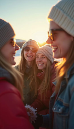 Young friends gather in a winter wonderland, sharing joyful moments and laughter under the bright sun. They sport cozy winter attire, highlighting their fun adventure. Generative AI.の素材