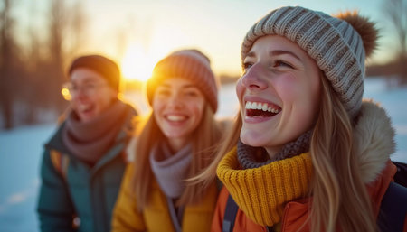 Young friends gather in a winter wonderland, sharing joyful moments and laughter under the bright sun. They sport cozy winter attire, highlighting their fun adventure. Generative AI.の素材