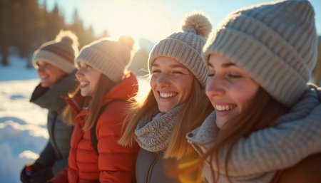Young friends gather in a winter wonderland, sharing joyful moments and laughter under the bright sun. They sport cozy winter attire, highlighting their fun adventure. Generative AI.の素材