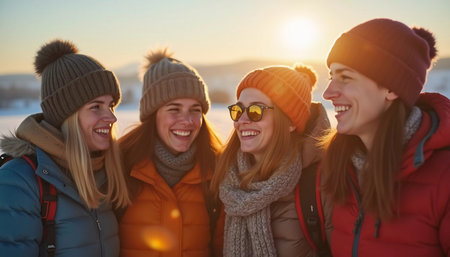 Young friends gather in a winter wonderland, sharing joyful moments and laughter under the bright sun. They sport cozy winter attire, highlighting their fun adventure. Generative AI.の素材