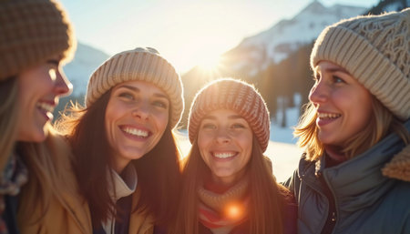 Young friends gather in a winter wonderland, sharing joyful moments and laughter under the bright sun. They sport cozy winter attire, highlighting their fun adventure. Generative AI.の素材