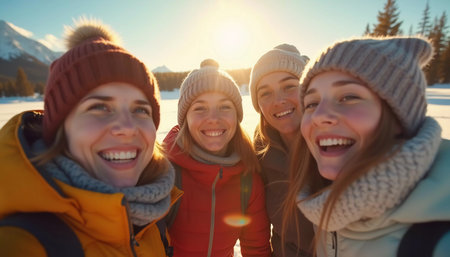Young friends gather in a winter wonderland, sharing joyful moments and laughter under the bright sun. They sport cozy winter attire, highlighting their fun adventure. Generative AI.の素材