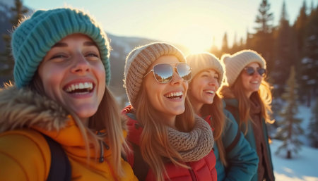 Young friends gather in a winter wonderland, sharing joyful moments and laughter under the bright sun. They sport cozy winter attire, highlighting their fun adventure. Generative AI.の素材