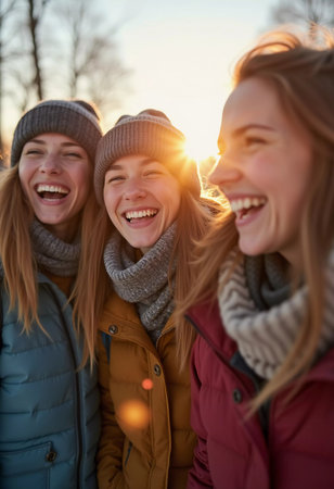 Young friends gather in a winter wonderland, sharing joyful moments and laughter under the bright sun. They sport cozy winter attire, highlighting their fun adventure. Generative AI.の素材