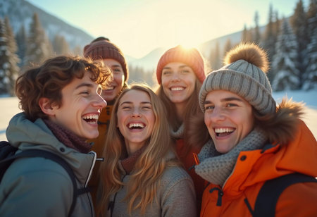Young friends gather in a winter wonderland, sharing joyful moments and laughter under the bright sun. They sport cozy winter attire, highlighting their fun adventure. Generative AI.の素材