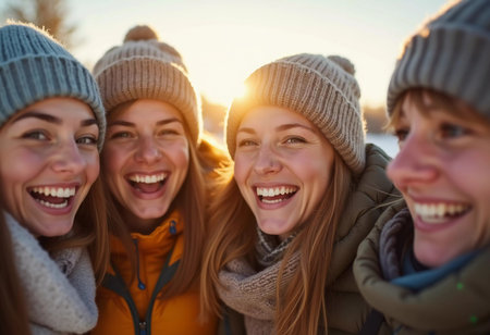 Young friends gather in a winter wonderland, sharing joyful moments and laughter under the bright sun. They sport cozy winter attire, highlighting their fun adventure. Generative AI.の素材