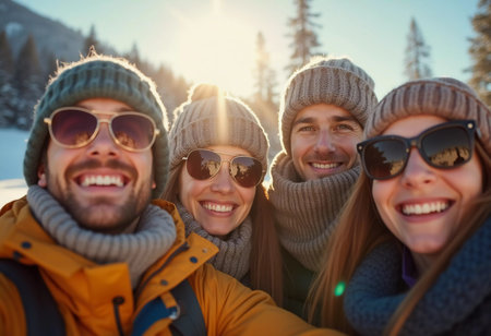 Young friends gather in a winter wonderland, sharing joyful moments and laughter under the bright sun. They sport cozy winter attire, highlighting their fun adventure. Generative AI.の素材
