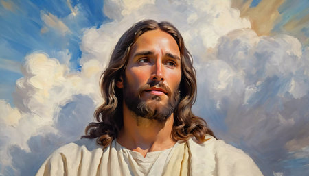 Christ in the clouds. Portrait of a Man Dressed as Jesus. White robe. Long brown hair and beard. Man appears to be in his early 30s, serious expression on his face. Christian religion and faith. AI.の素材