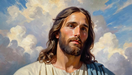 Christ in the clouds. Portrait of a Man Dressed as Jesus. White robe. Long brown hair and beard. Man appears to be in his early 30s, serious expression on his face. Christian religion and faith. AI.の素材