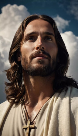 Christ in the clouds. Portrait of a Man Dressed as Jesus. White robe. Long brown hair and beard. Man appears to be in his early 30s, serious expression on his face. Christian religion and faith. AI.の素材