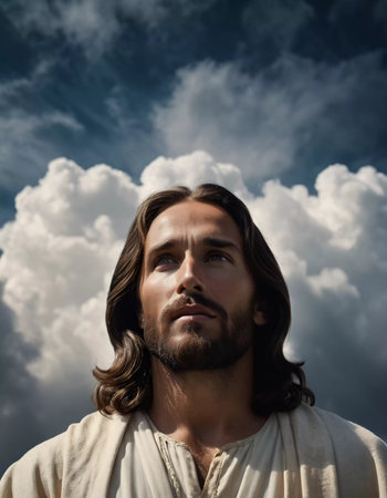 Christ in the clouds. Portrait of a Man Dressed as Jesus. White robe. Long brown hair and beard. Man appears to be in his early 30s, serious expression on his face. Christian religion and faith. AI.の素材