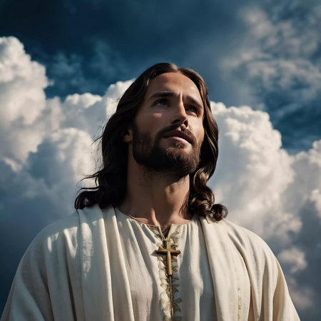 Christ in the clouds. Portrait of a Man Dressed as Jesus. White robe. Long brown hair and beard. Man appears to be in his early 30s, serious expression on his face. Christian religion and faith. AI.の素材