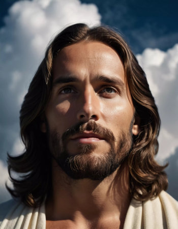 Christ in the clouds. Portrait of a Man Dressed as Jesus. White robe. Long brown hair and beard. Man appears to be in his early 30s, serious expression on his face. Christian religion and faith. AI.の素材