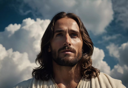Christ in the clouds. Portrait of a Man Dressed as Jesus. White robe. Long brown hair and beard. Man appears to be in his early 30s, serious expression on his face. Christian religion and faith. AI.の素材