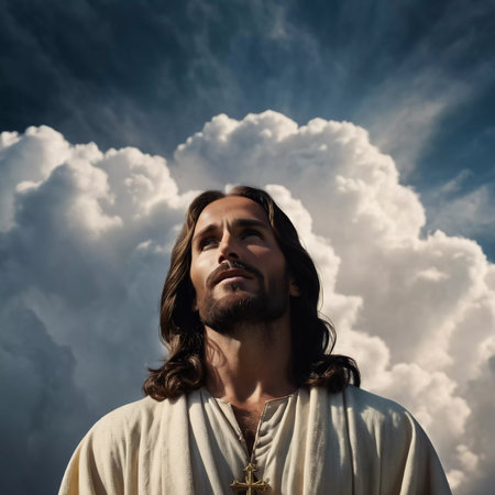 Christ in the clouds. Portrait of a Man Dressed as Jesus. White robe. Long brown hair and beard. Man appears to be in his early 30s, serious expression on his face. Christian religion and faith. AI.の素材