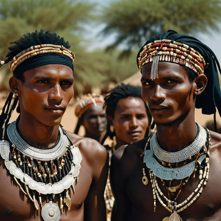Participants of the Wodaabe Mbororo Guerewol festival gather in Niger, displaying intricate jewelry and traditional attire while celebrating their rich cultural heritage.の素材