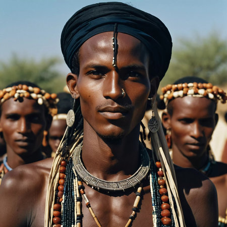 Mbororo men participate in the vibrant Wodaabe Guerewol festival in Niger, showcasing their elaborate traditional attire and cultural rituals of courtship.の素材