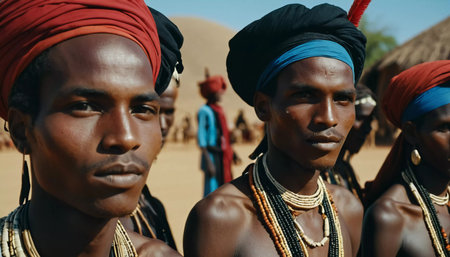 Participants at the Wodaabe Mbororo Guerewol festival display their vibrant traditional attire while engaging in cultural festivities in Niger.の素材