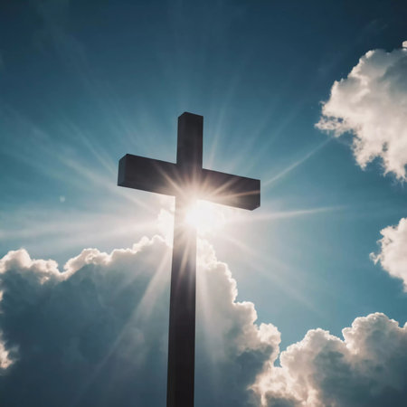 A cross stands prominently as sunlight pierces through thick clouds, creating a radiant display in the sky during the early afternoon. Generative AI.の素材