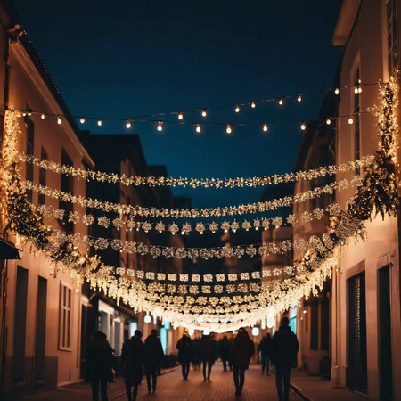 Twinkling holiday garlands glow above a lively street as people stroll and enjoy the festive atmosphere during the evening hours of a charming town.の素材