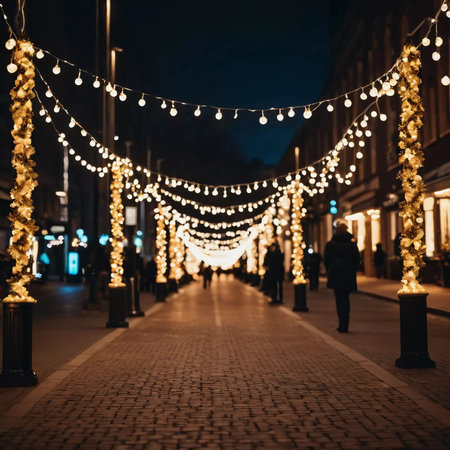 Twinkling holiday garlands glow above a lively street as people stroll and enjoy the festive atmosphere during the evening hours of a charming town. Generative AI.の素材
