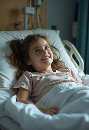 A young girl lies in a hospital bed, looking contemplative while wrapped in a light blanket. The soft lighting creates a peaceful atmosphere filled with hope. Generative AI.の素材