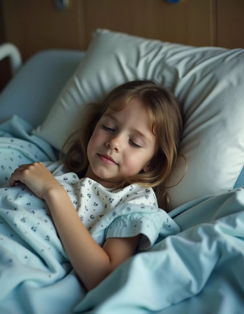 A young girl lies in a hospital bed, looking contemplative while wrapped in a light blanket. The soft lighting creates a peaceful atmosphere filled with hope. Generative AI.の素材