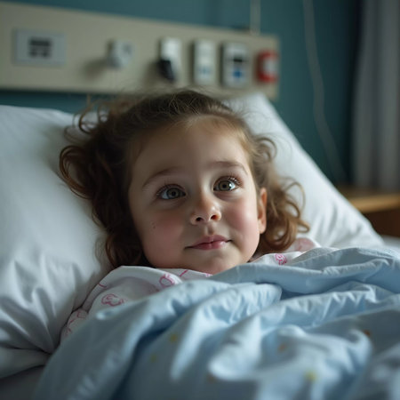 A young girl lies in a hospital bed, looking contemplative while wrapped in a light blanket. The soft lighting creates a peaceful atmosphere filled with hope. Generative AI.の素材