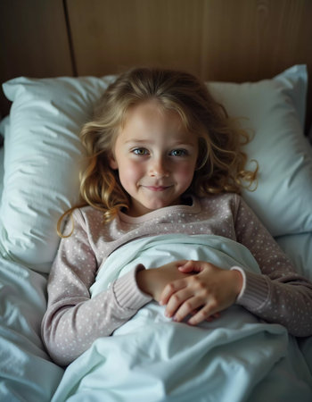 A young girl lies in a hospital bed, looking contemplative while wrapped in a light blanket. The soft lighting creates a peaceful atmosphere filled with hope. Generative AI.の素材
