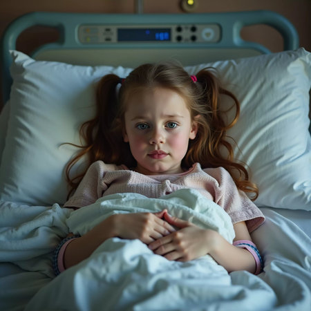 A young girl lies in a hospital bed, looking contemplative while wrapped in a light blanket. The soft lighting creates a peaceful atmosphere filled with hope. Generative AI.の素材