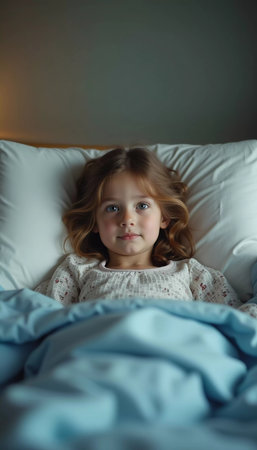 A young girl lies in a hospital bed, looking contemplative while wrapped in a light blanket. The soft lighting creates a peaceful atmosphere filled with hope. Generative AI.の素材