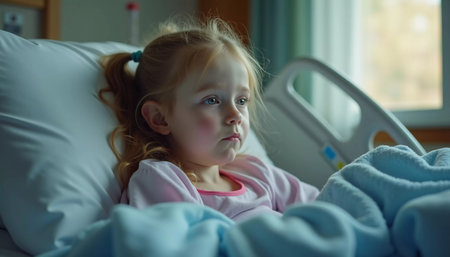 A young girl lies in a hospital bed, looking contemplative while wrapped in a light blanket. The soft lighting creates a peaceful atmosphere filled with hope. Generative AI.の素材