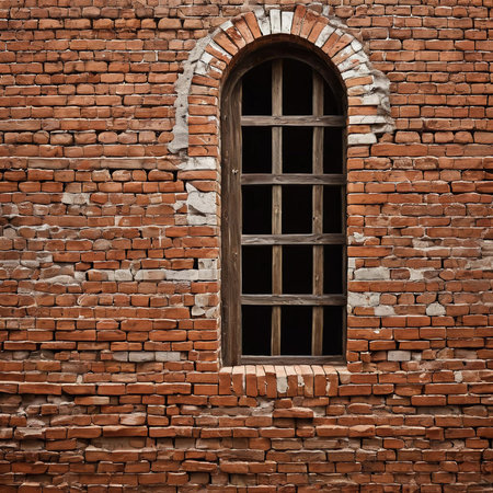 This brick wall features a beautifully shaped vintage window, highlighting the craftsmanship of the structure and the natural weathering of the materials over time. Generative AI.の素材