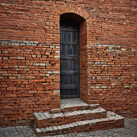 A weathered brick wall features a well-crafted black wooden door framed by a rustic archway, with stone steps leading up to it. The structure exudes charm and history. Generative AI.の素材
