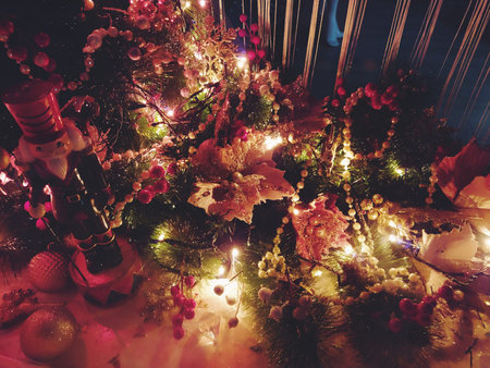 Festive decorations fill the shop with myriad colorful lights and ornaments, setting a joyful New...