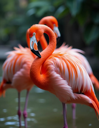Flamingos gather in a tranquil pond, their orange feathers reflecting in water. They interact playfully creating a stunning display of nature. Flamingo Phoenicopterus is genus of birds. Generative AIの素材