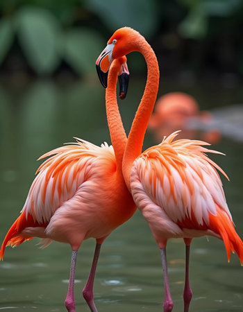 Flamingos gather in a tranquil pond, their orange feathers reflecting in water. They interact playfully creating a stunning display of nature. Flamingo Phoenicopterus is genus of birds. Generative AIの素材