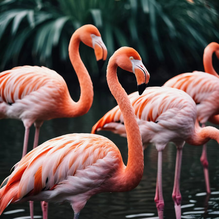 Flamingos gather in a tranquil pond, their orange feathers reflecting in water. They interact playfully creating a stunning display of nature. Flamingo Phoenicopterus is genus of birds. Generative AIの素材