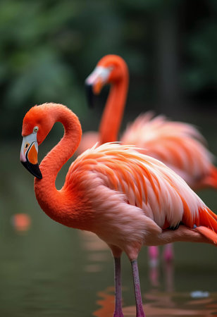 Flamingos gather in a tranquil pond, their orange feathers reflecting in water. They interact playfully creating a stunning display of nature. Flamingo Phoenicopterus is genus of birds. Generative AIの素材