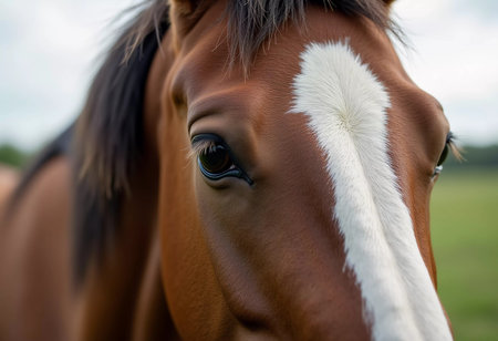 Brown horse stands gracefully in open field, its expressive eyes reflecting soft light, creating serene atmosphere in landscape. Horses Equus, genus of Equidae of order Perissodactyls. Generative AI.の素材