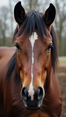 Brown horse stands gracefully in open field, its expressive eyes reflecting soft light, creating serene atmosphere in landscape. Horses Equus, genus of Equidae of order Perissodactyls. Generative AI.の素材