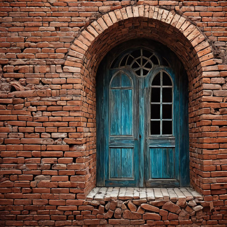 A pair of vintage blue wooden doors sits within an old brick wall, showcasing detailed craftsmanship and character, adding charm to the surroundings. Generative AI.の素材