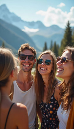 Friends gather in the snow, smiling and laughing while posing for a selfie. The bright sun shines over the scenic mountain landscape, creating a joyful atmosphere during ski trip. Generative AI.の素材