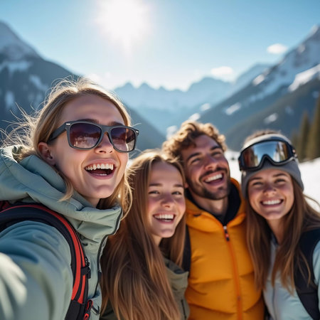 Friends gather in the snow, smiling and laughing while posing for a selfie. The bright sun shines over the scenic mountain landscape, creating a joyful atmosphere during ski trip. Generative AI.の素材