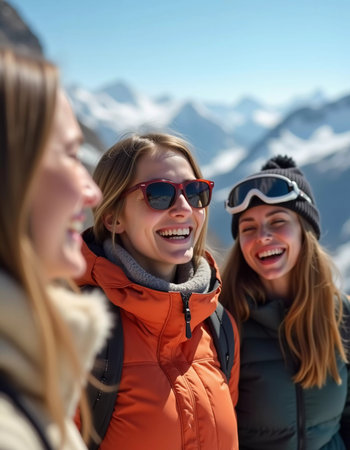 Friends gather in the snow, smiling and laughing while posing for a selfie. The bright sun shines over the scenic mountain landscape, creating a joyful atmosphere during ski trip. Generative AI.の素材