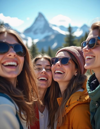 Friends gather in the snow, smiling and laughing while posing for a selfie. The bright sun shines over the scenic mountain landscape, creating a joyful atmosphere during ski trip. Generative AI.の素材