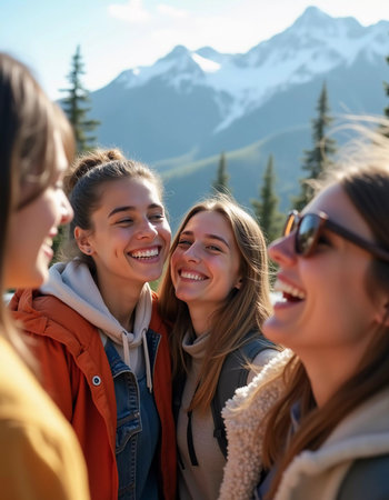Friends gather in the snow, smiling and laughing while posing for a selfie. The bright sun shines over the scenic mountain landscape, creating a joyful atmosphere during ski trip. Generative AI.の素材