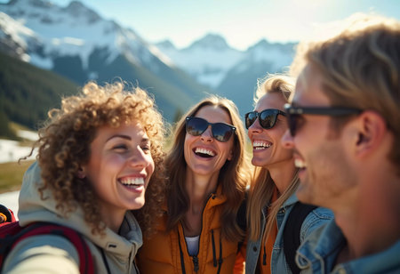 Friends gather in the snow, smiling and laughing while posing for a selfie. The bright sun shines over the scenic mountain landscape, creating a joyful atmosphere during ski trip. Generative AI.の素材