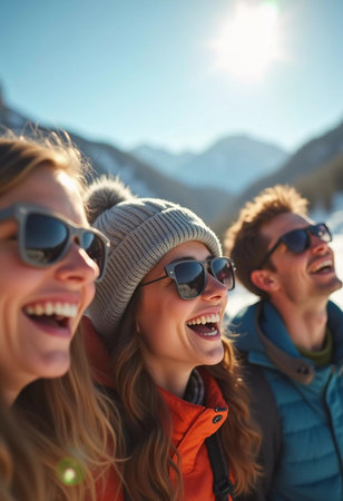 Friends gather in the snow, smiling and laughing while posing for a selfie. The bright sun shines over the scenic mountain landscape, creating a joyful atmosphere during ski trip. Generative AI.の素材